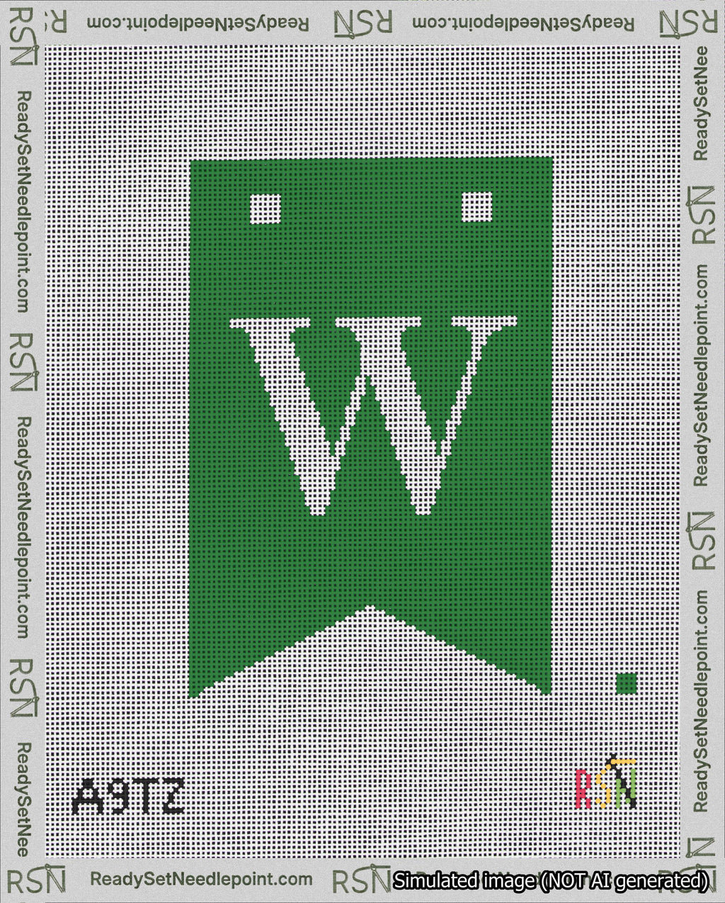 A taped needlepoint canvas with the design: Banner 18 mesh count Forked W White on Green.