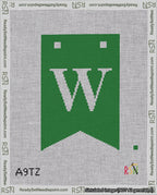 A taped needlepoint canvas with the design: Banner 18 mesh count Forked W White on Green.