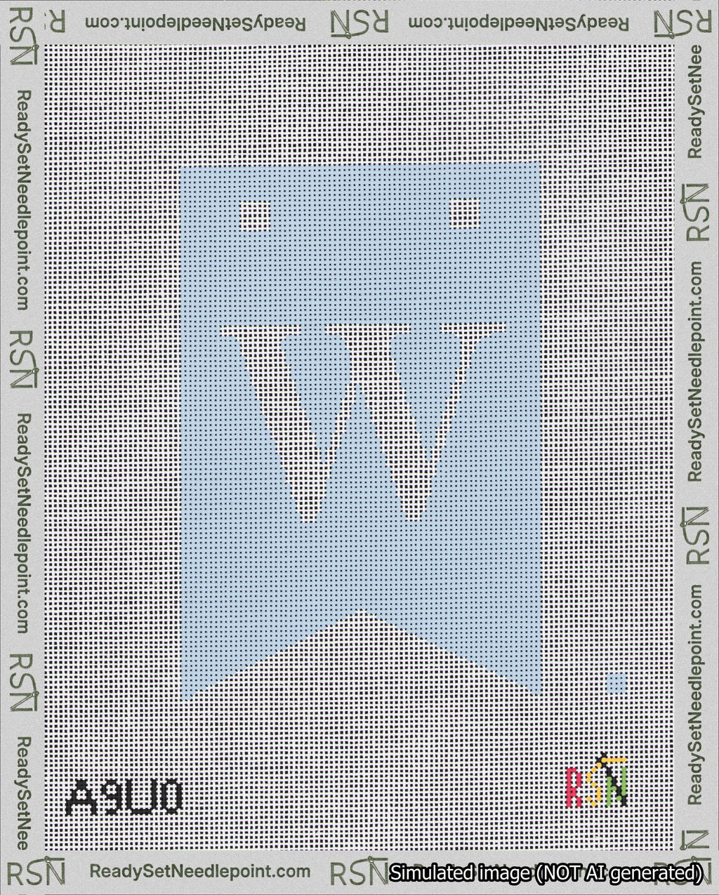 A taped needlepoint canvas with the design: Banner 18 mesh count Forked W White on Light Blue.