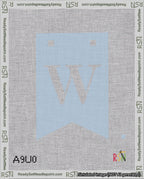A taped needlepoint canvas with the design: Banner 18 mesh count Forked W White on Light Blue.