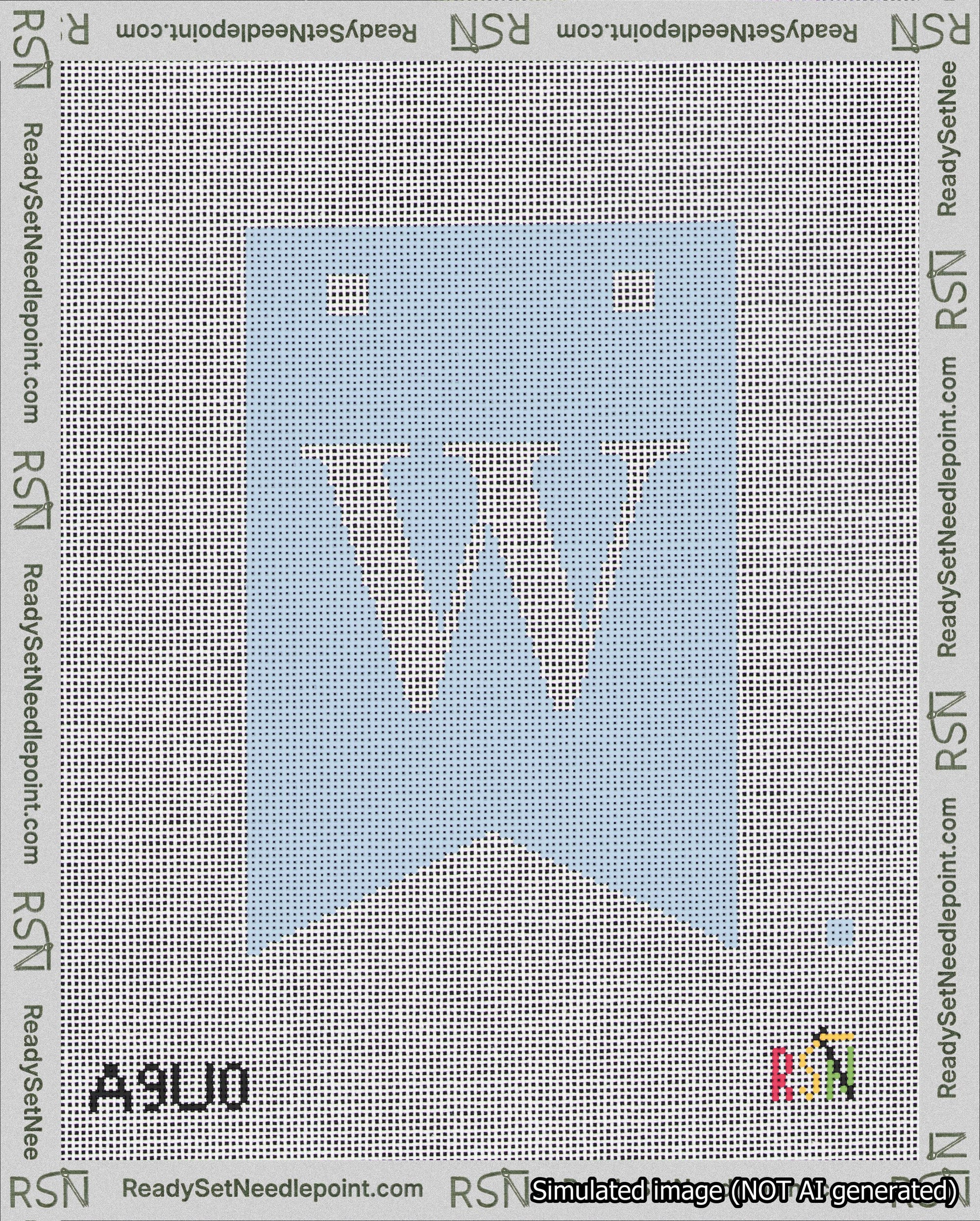 A taped needlepoint canvas with the design: Banner 18 mesh count Forked W White on Light Blue.
