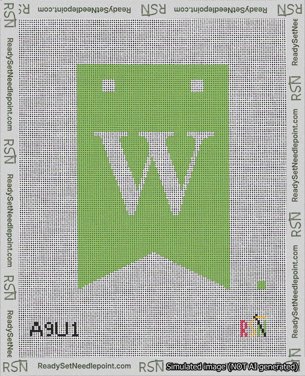 A taped needlepoint canvas with the design: Banner 18 mesh count Forked W White on Light Green.