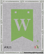 A taped needlepoint canvas with the design: Banner 18 mesh count Forked W White on Light Green.