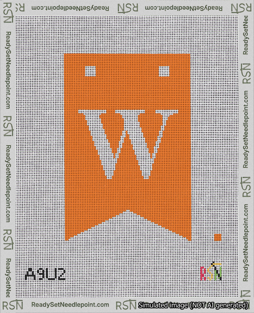A taped needlepoint canvas with the design: Banner 18 mesh count Forked W White on Orange.
