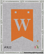 A taped needlepoint canvas with the design: Banner 18 mesh count Forked W White on Orange.