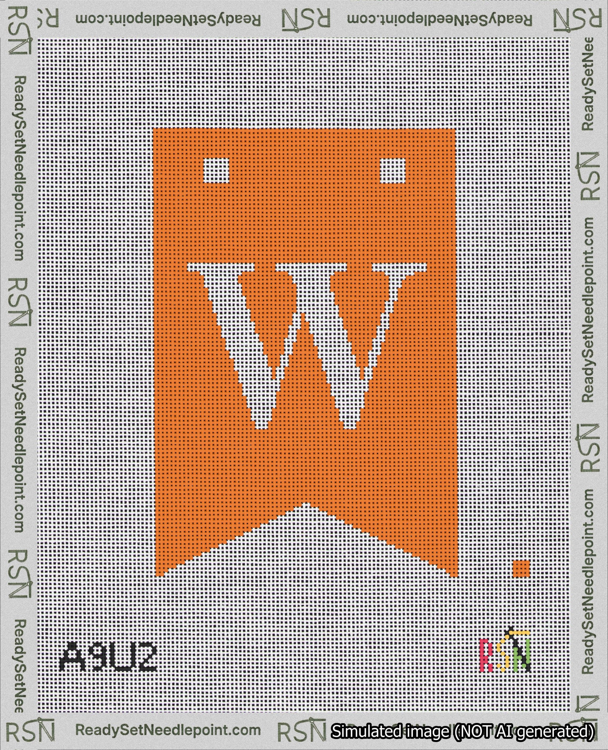 A taped needlepoint canvas with the design: Banner 18 mesh count Forked W White on Orange.