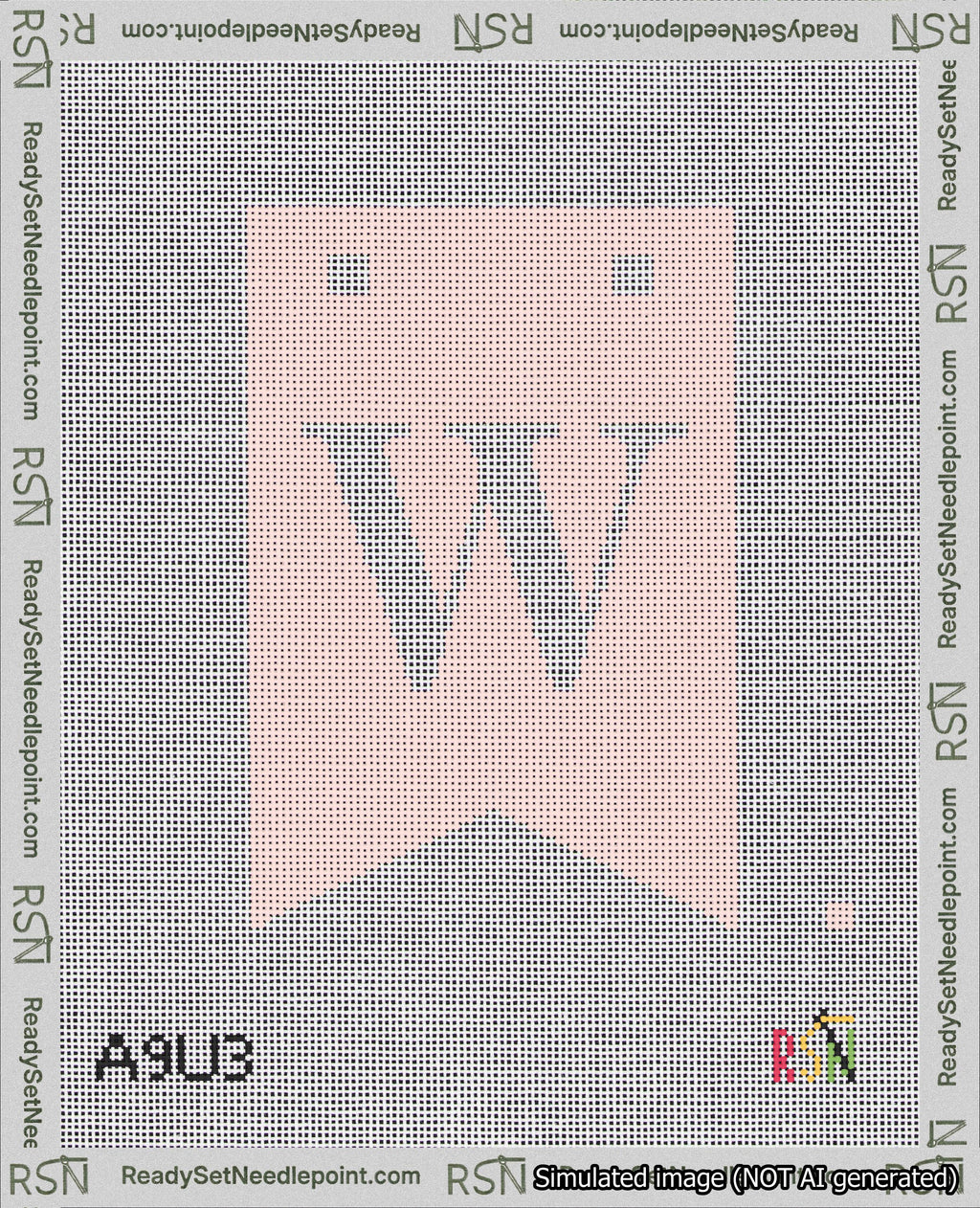 A taped needlepoint canvas with the design: Banner 18 mesh count Forked W White on Pink.