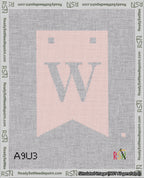 A taped needlepoint canvas with the design: Banner 18 mesh count Forked W White on Pink.