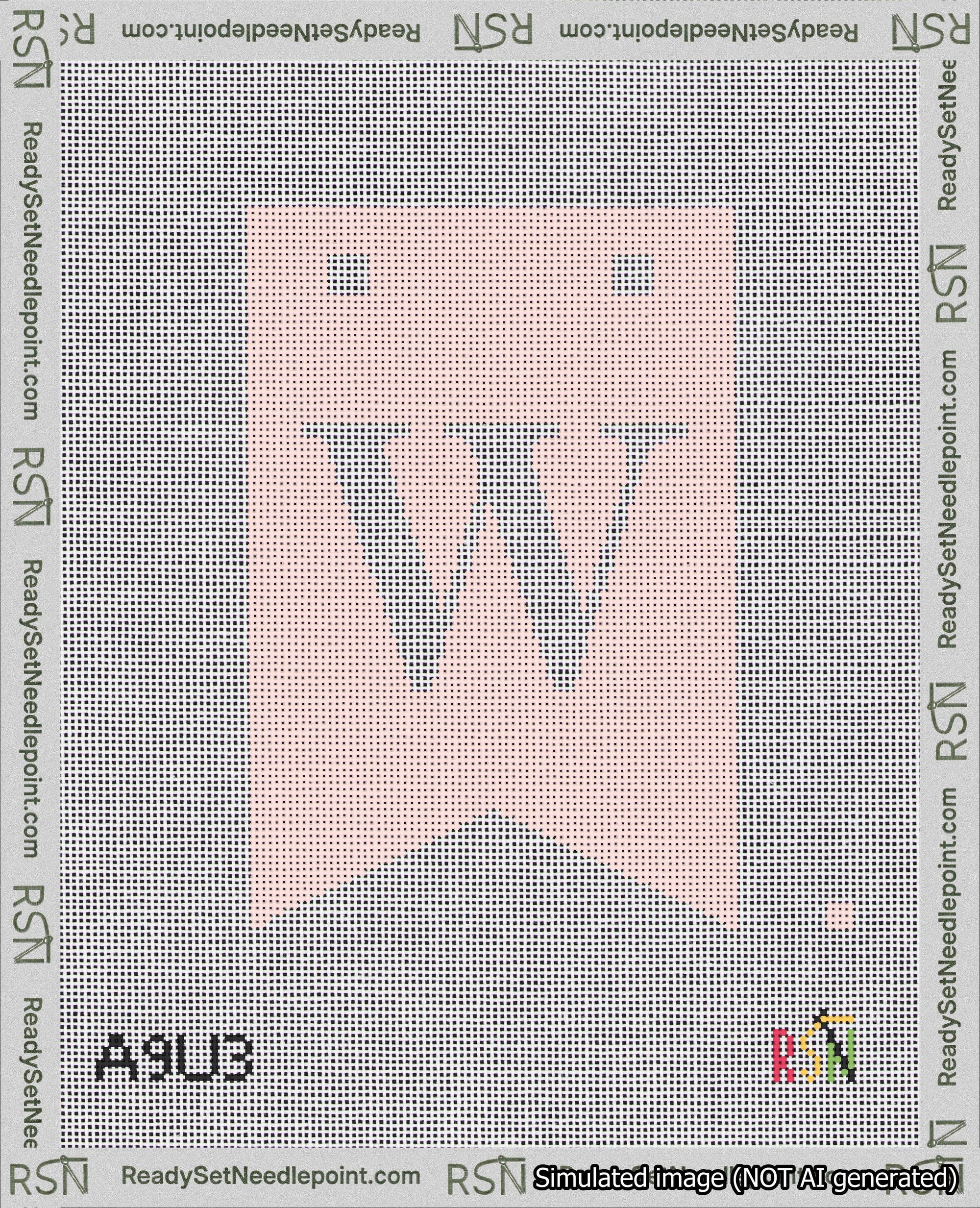 A taped needlepoint canvas with the design: Banner 18 mesh count Forked W White on Pink.