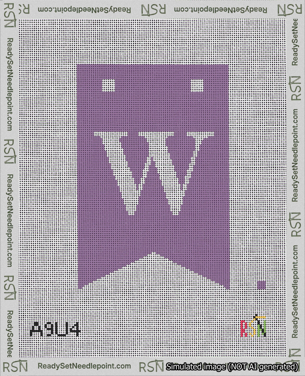 A taped needlepoint canvas with the design: Banner 18 mesh count Forked W White on Purple.