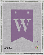 A taped needlepoint canvas with the design: Banner 18 mesh count Forked W White on Purple.