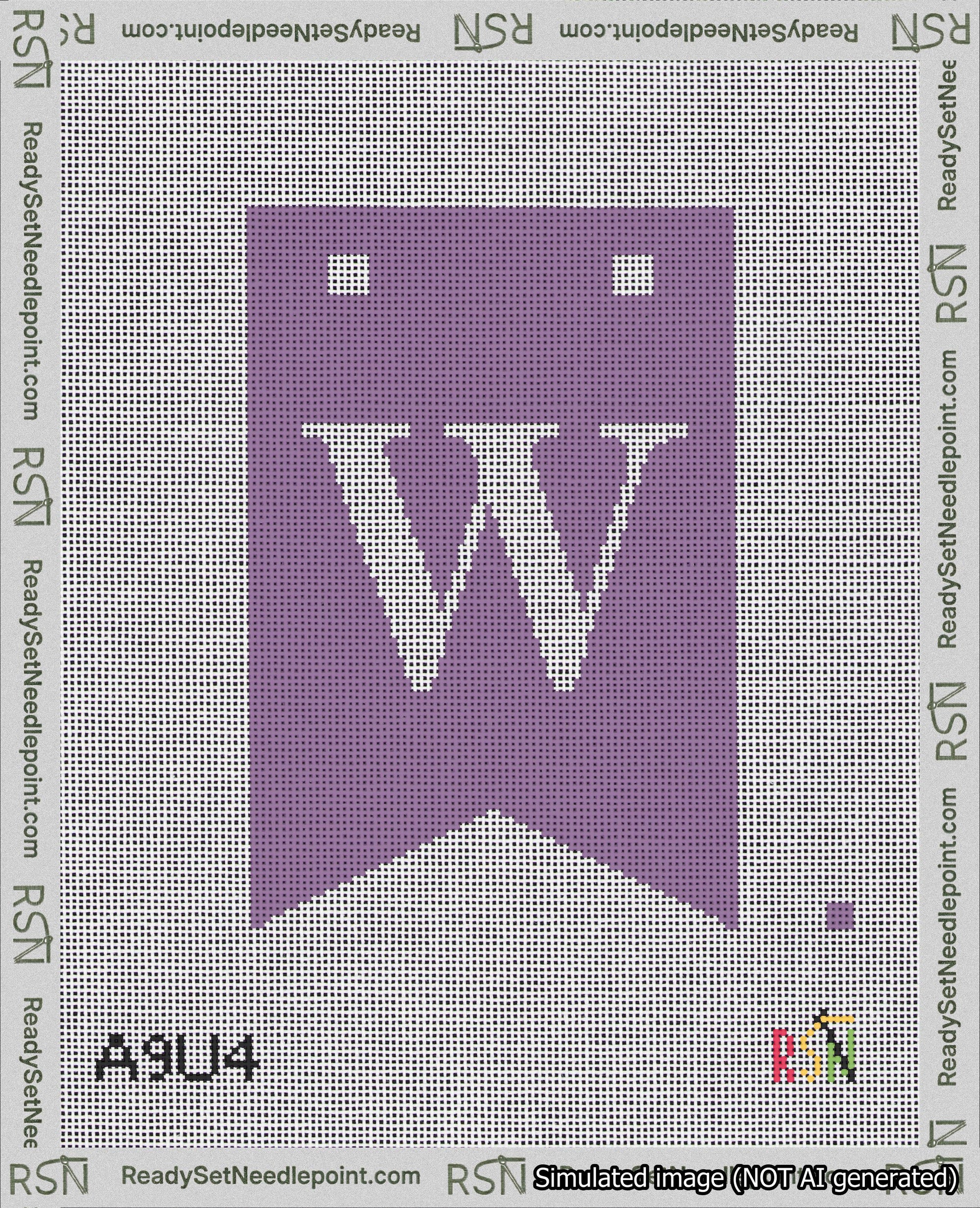 A taped needlepoint canvas with the design: Banner 18 mesh count Forked W White on Purple.