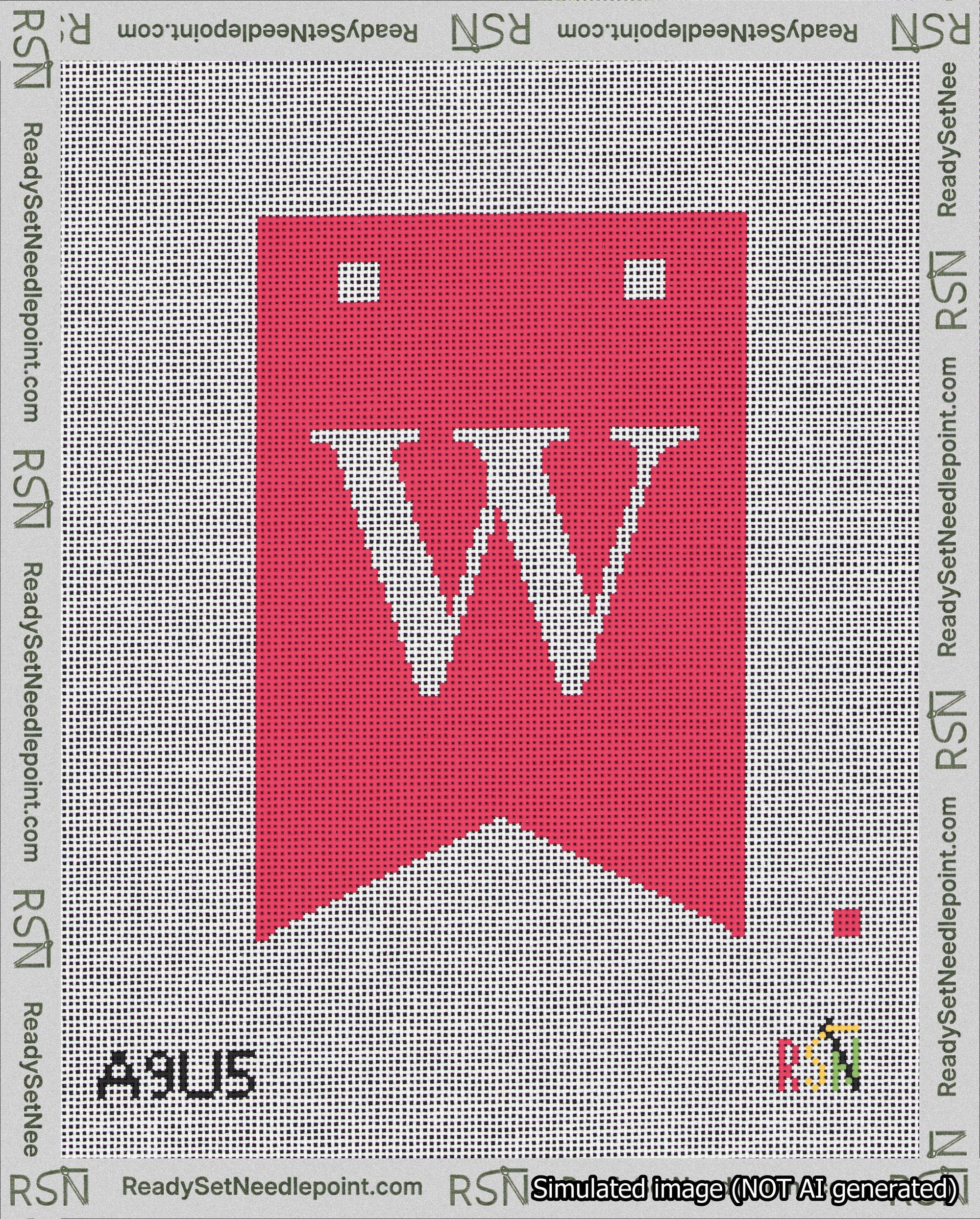 A taped needlepoint canvas with the design: Banner 18 mesh count Forked W White on Red.