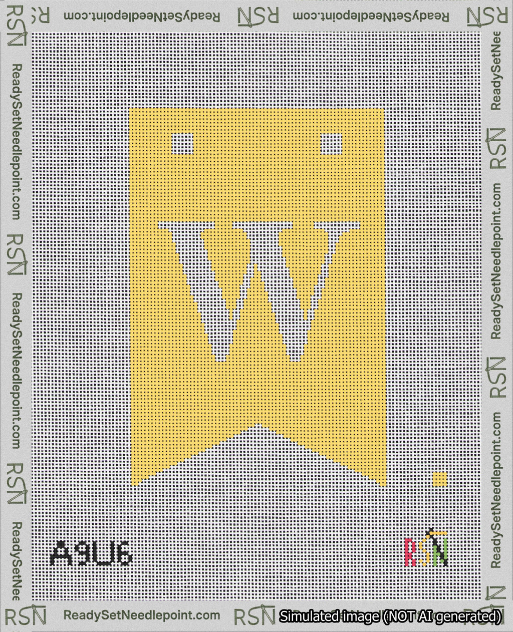 A taped needlepoint canvas with the design: Banner 18 mesh count Forked W White on Yellow.