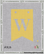 A taped needlepoint canvas with the design: Banner 18 mesh count Forked W White on Yellow.