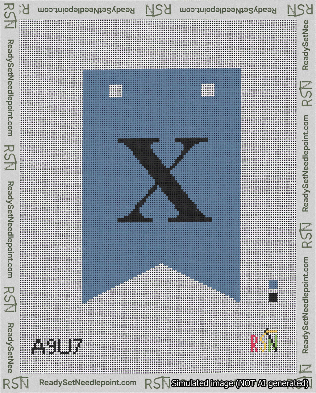 A taped needlepoint canvas with the design: Banner 18 mesh count Forked X Black on Blue.