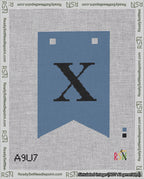 A taped needlepoint canvas with the design: Banner 18 mesh count Forked X Black on Blue.