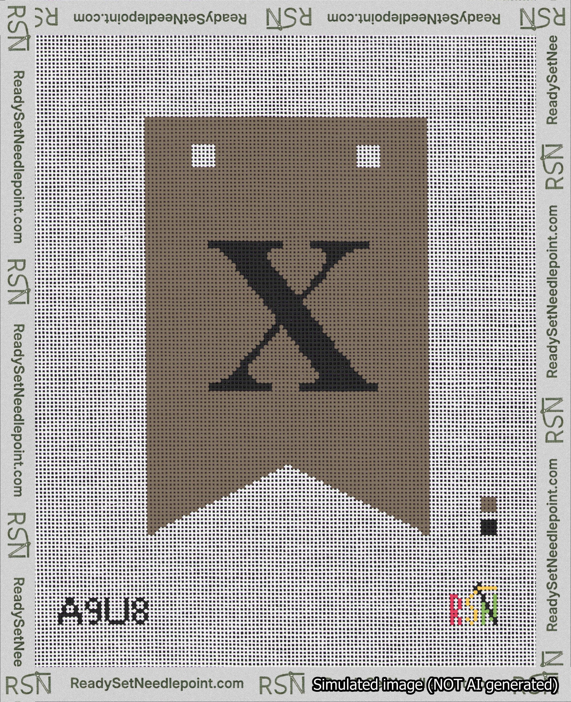 A taped needlepoint canvas with the design: Banner 18 mesh count Forked X Black on Brown.