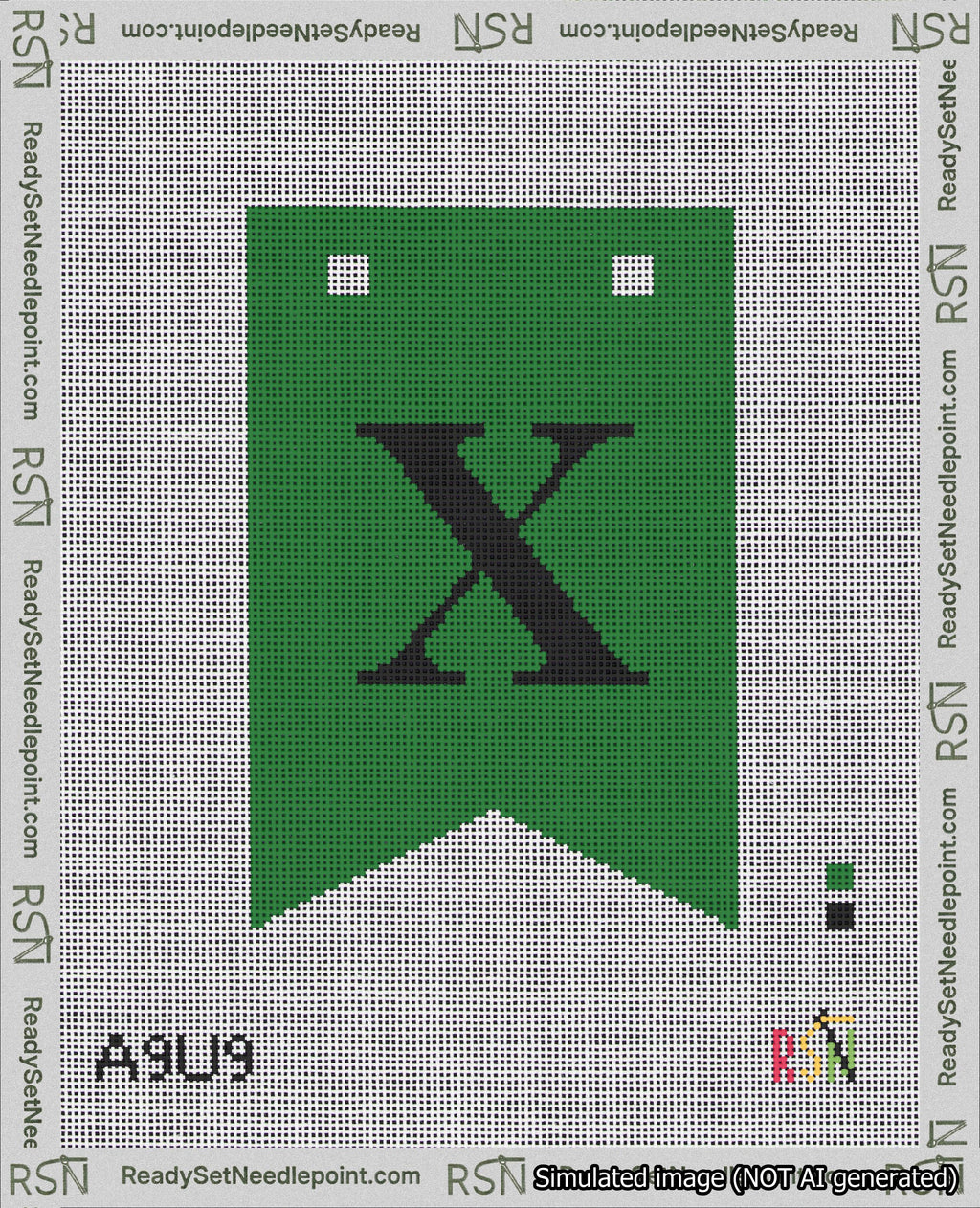 A taped needlepoint canvas with the design: Banner 18 mesh count Forked X Black on Green.