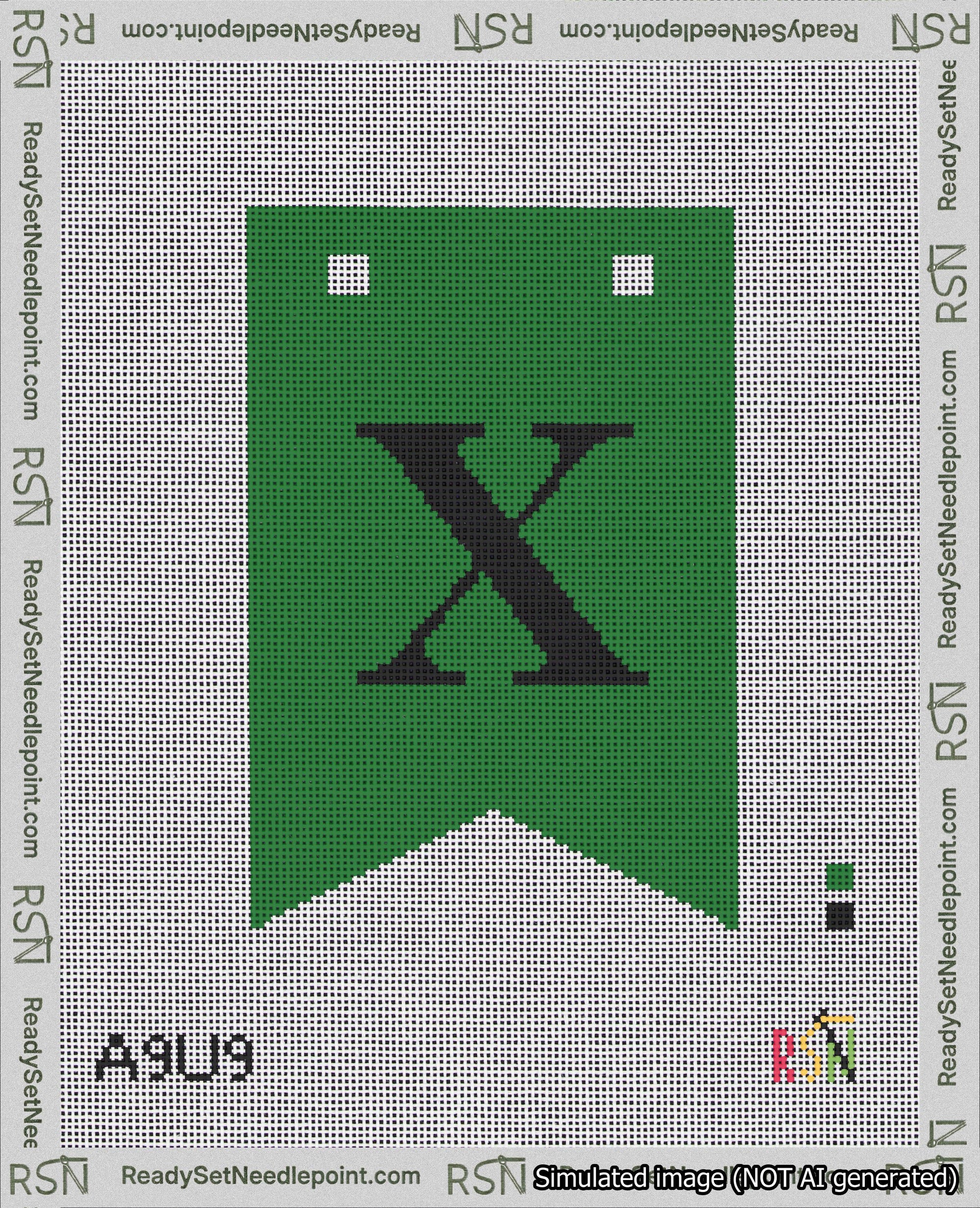 A taped needlepoint canvas with the design: Banner 18 mesh count Forked X Black on Green.