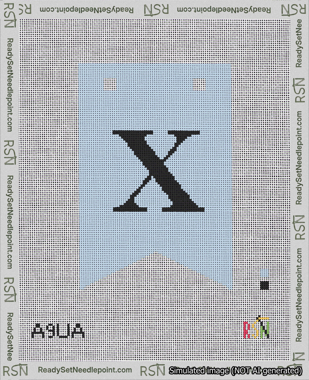 A taped needlepoint canvas with the design: Banner 18 mesh count Forked X Black on Light Blue.