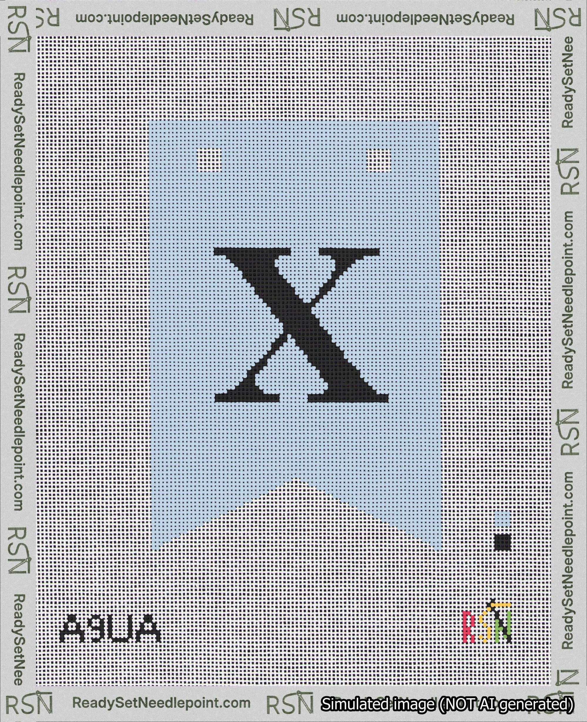 A taped needlepoint canvas with the design: Banner 18 mesh count Forked X Black on Light Blue.