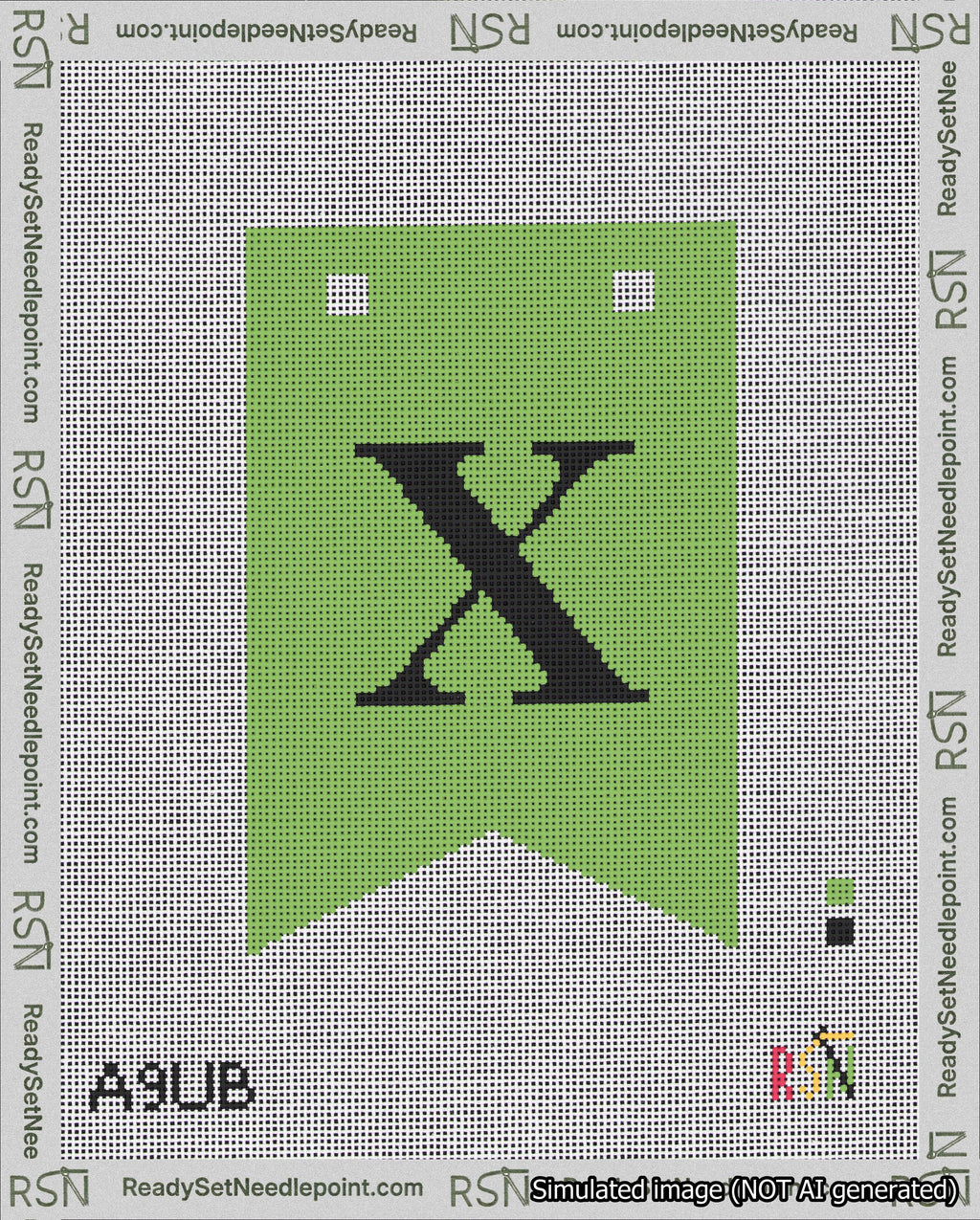 A taped needlepoint canvas with the design: Banner 18 mesh count Forked X Black on Light Green.