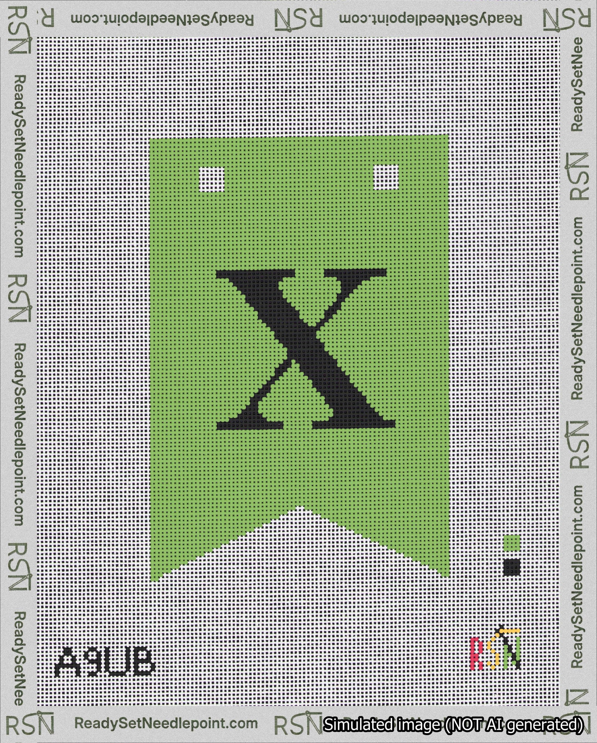 A taped needlepoint canvas with the design: Banner 18 mesh count Forked X Black on Light Green.