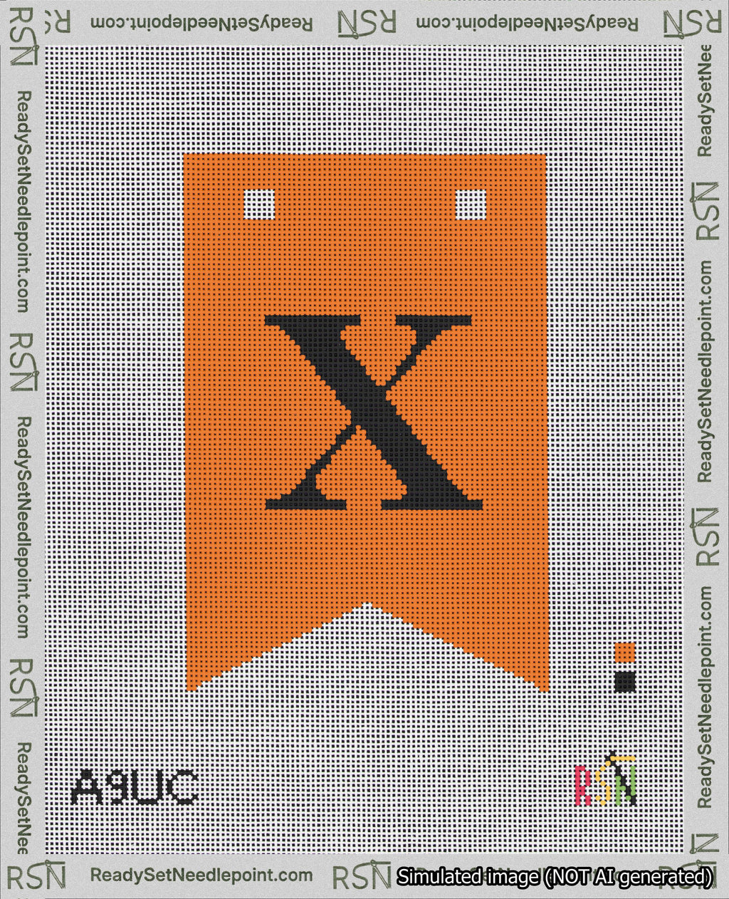 A taped needlepoint canvas with the design: Banner 18 mesh count Forked X Black on Orange.