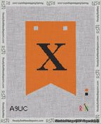 A taped needlepoint canvas with the design: Banner 18 mesh count Forked X Black on Orange.