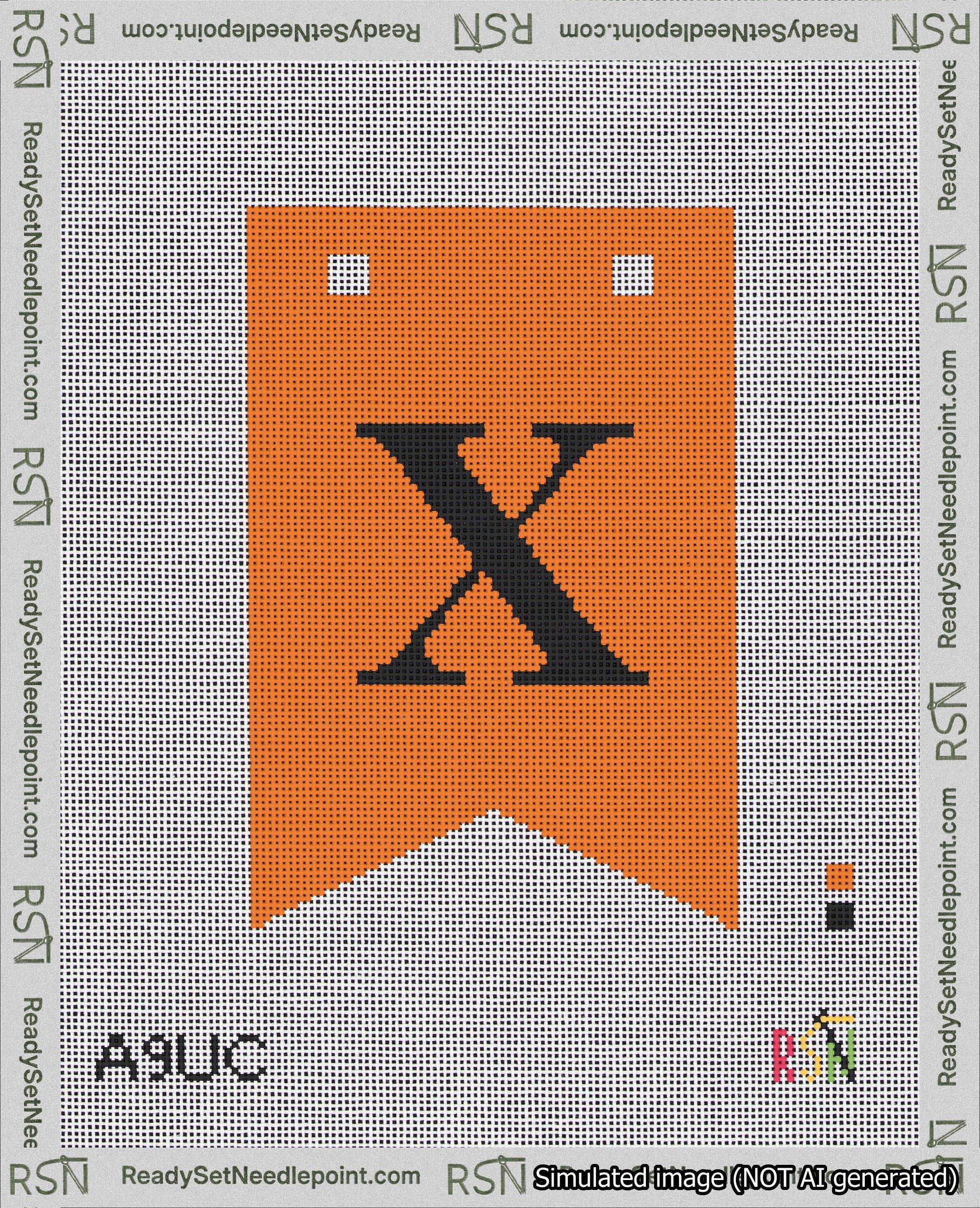 A taped needlepoint canvas with the design: Banner 18 mesh count Forked X Black on Orange.
