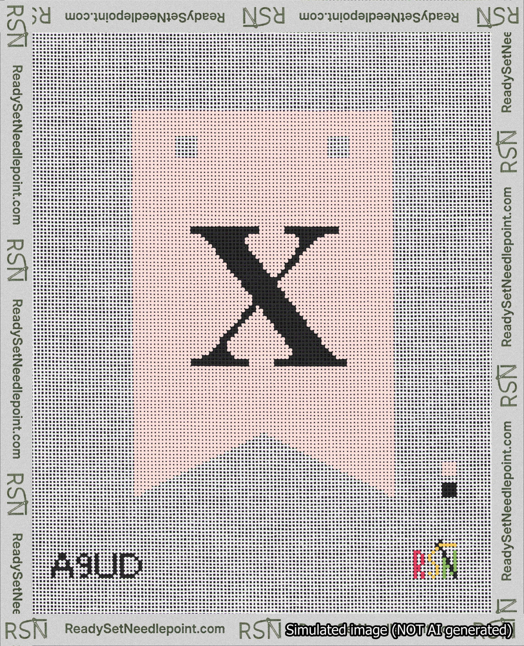 A taped needlepoint canvas with the design: Banner 18 mesh count Forked X Black on Pink.