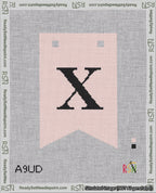 A taped needlepoint canvas with the design: Banner 18 mesh count Forked X Black on Pink.