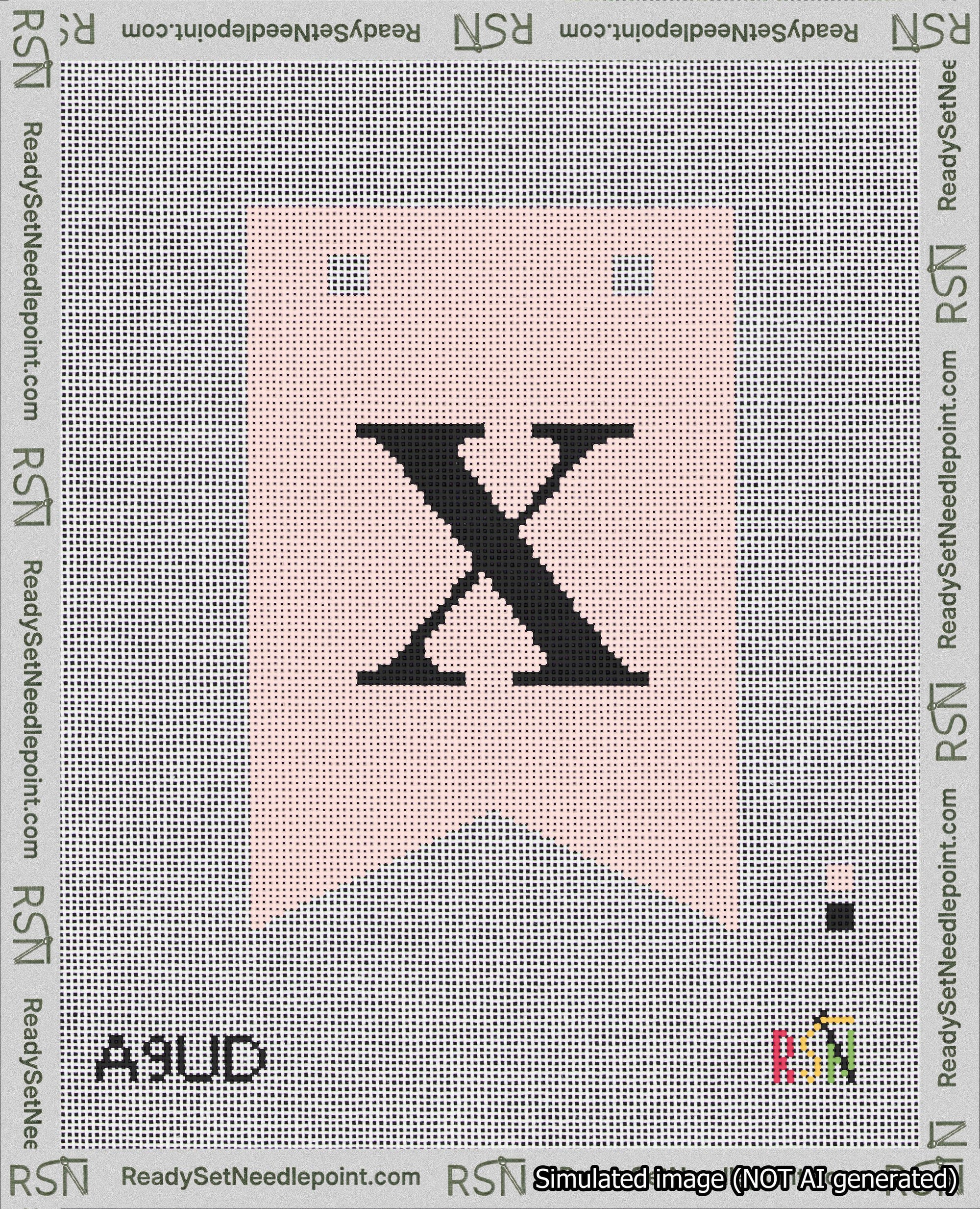 A taped needlepoint canvas with the design: Banner 18 mesh count Forked X Black on Pink.