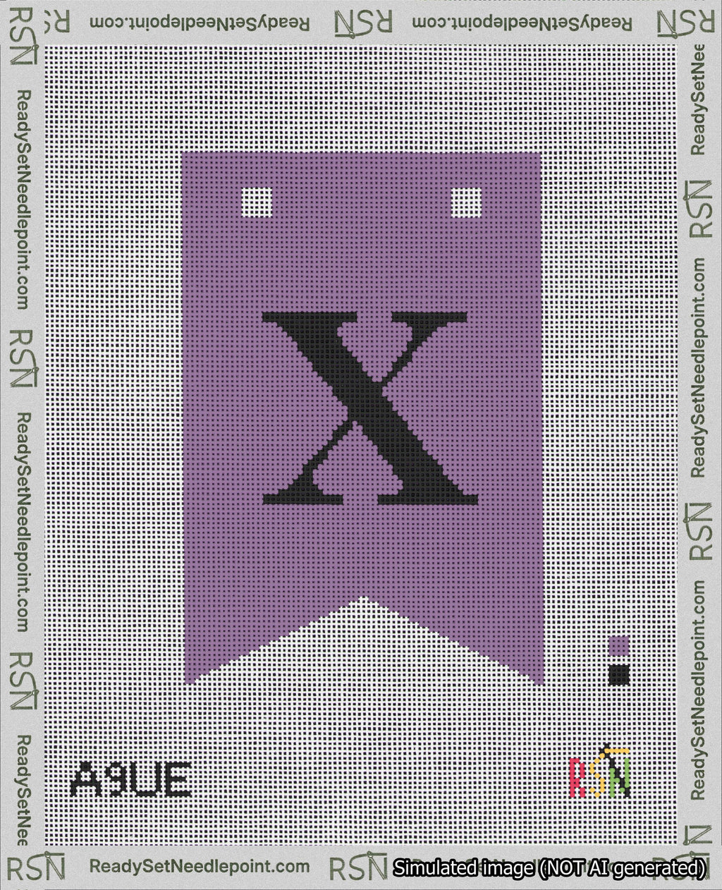 A taped needlepoint canvas with the design: Banner 18 mesh count Forked X Black on Purple.