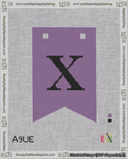 A taped needlepoint canvas with the design: Banner 18 mesh count Forked X Black on Purple.