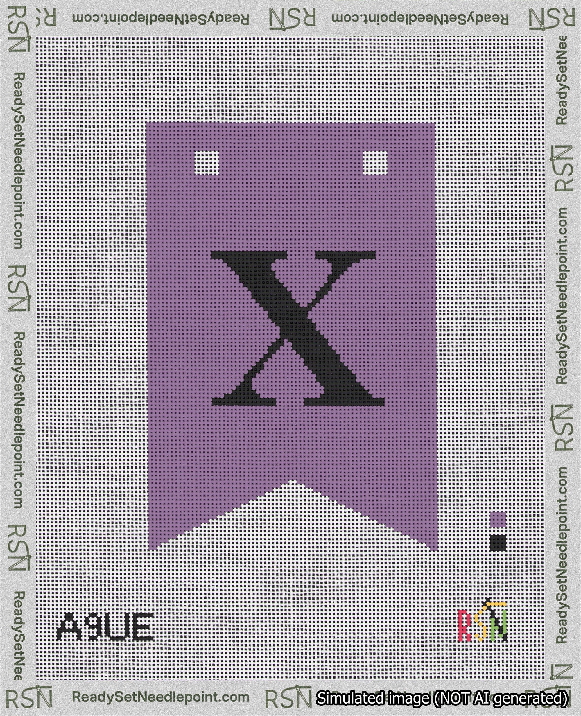A taped needlepoint canvas with the design: Banner 18 mesh count Forked X Black on Purple.