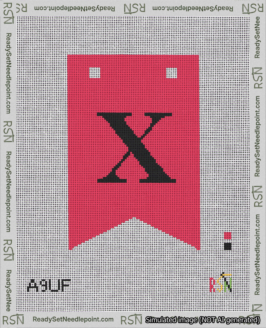 A taped needlepoint canvas with the design: Banner 18 mesh count Forked X Black on Red.
