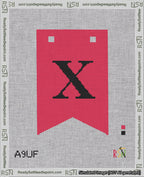 A taped needlepoint canvas with the design: Banner 18 mesh count Forked X Black on Red.