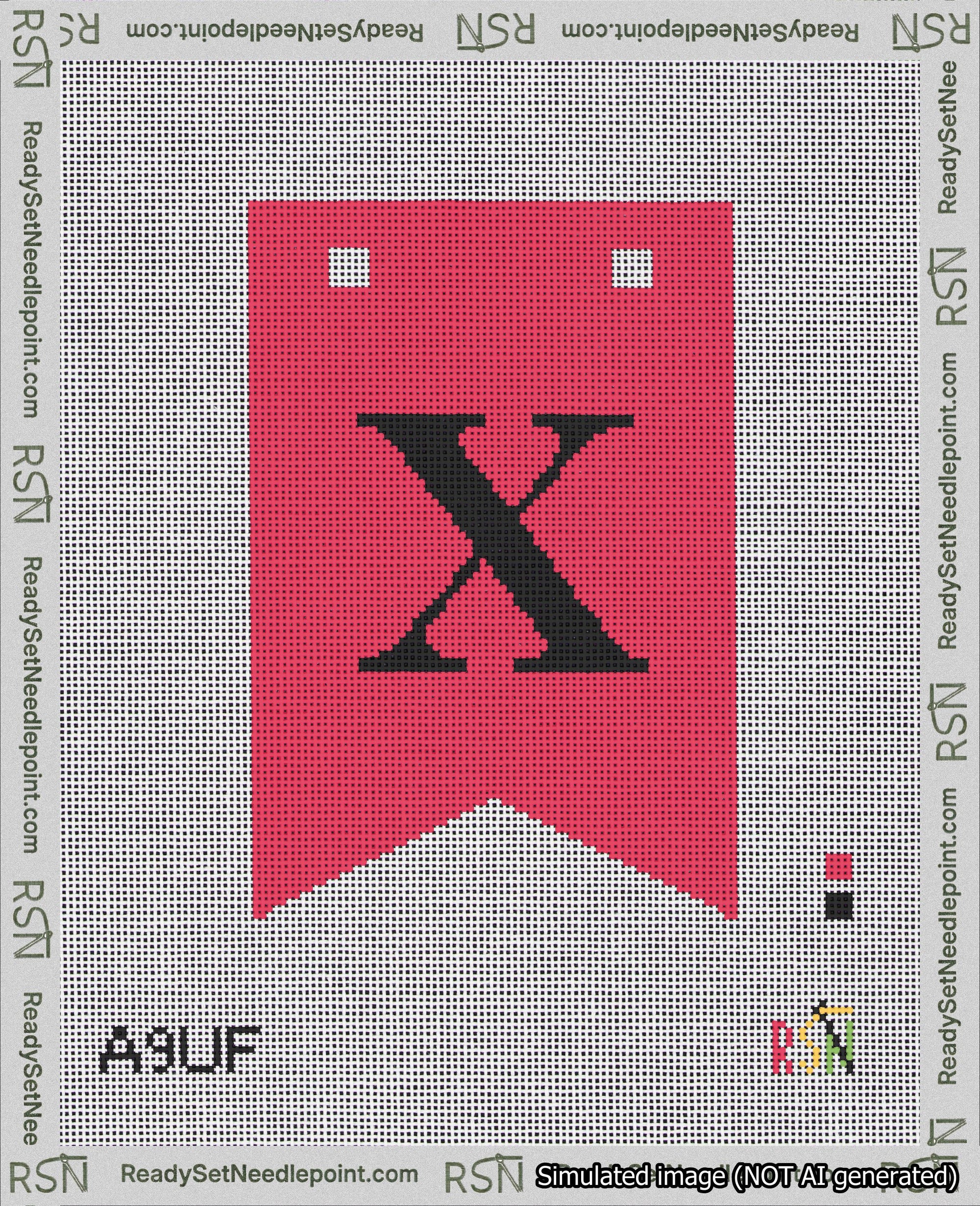 A taped needlepoint canvas with the design: Banner 18 mesh count Forked X Black on Red.