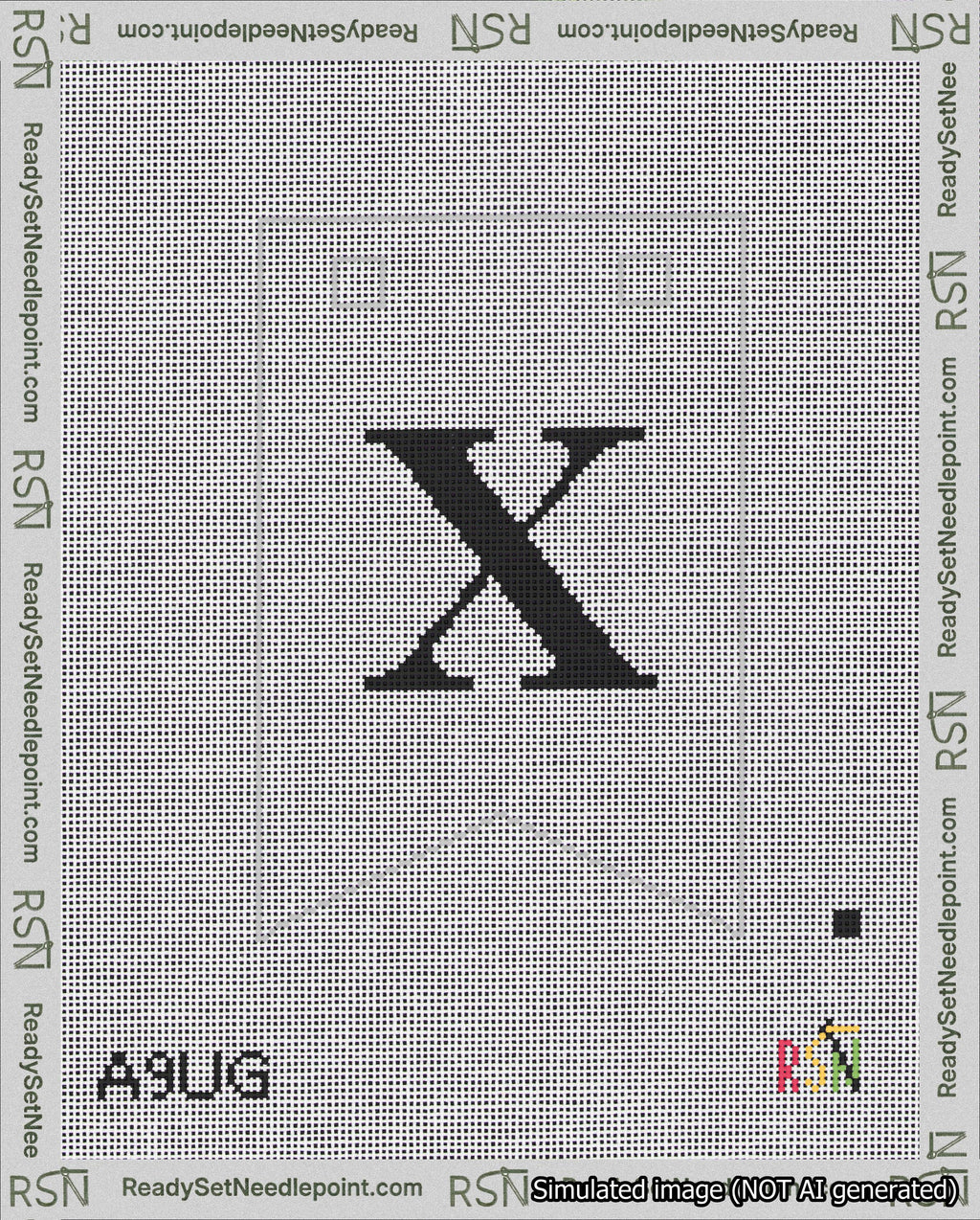 A taped needlepoint canvas with the design: Banner 18 mesh count Forked X Black on White.