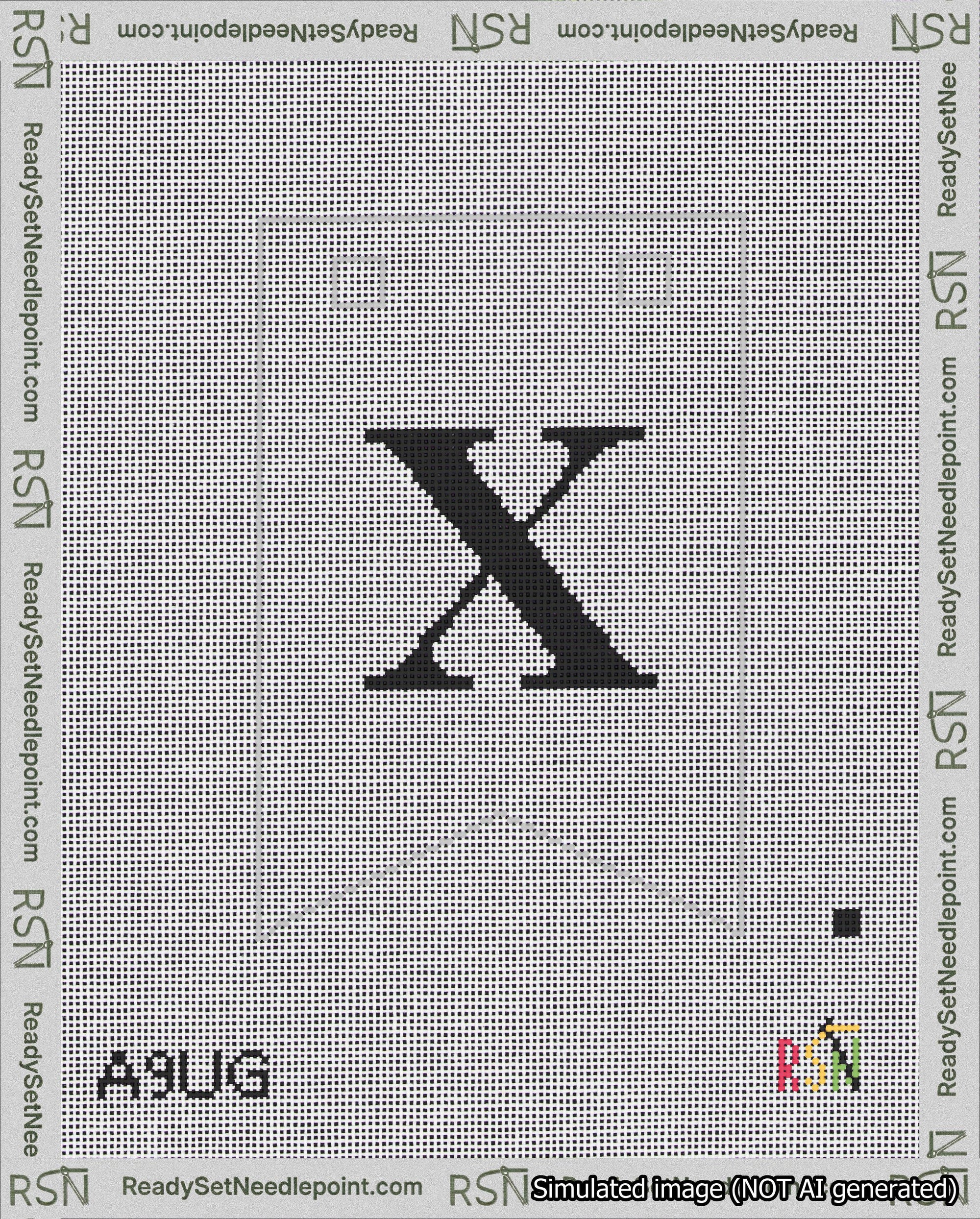 A taped needlepoint canvas with the design: Banner 18 mesh count Forked X Black on White.