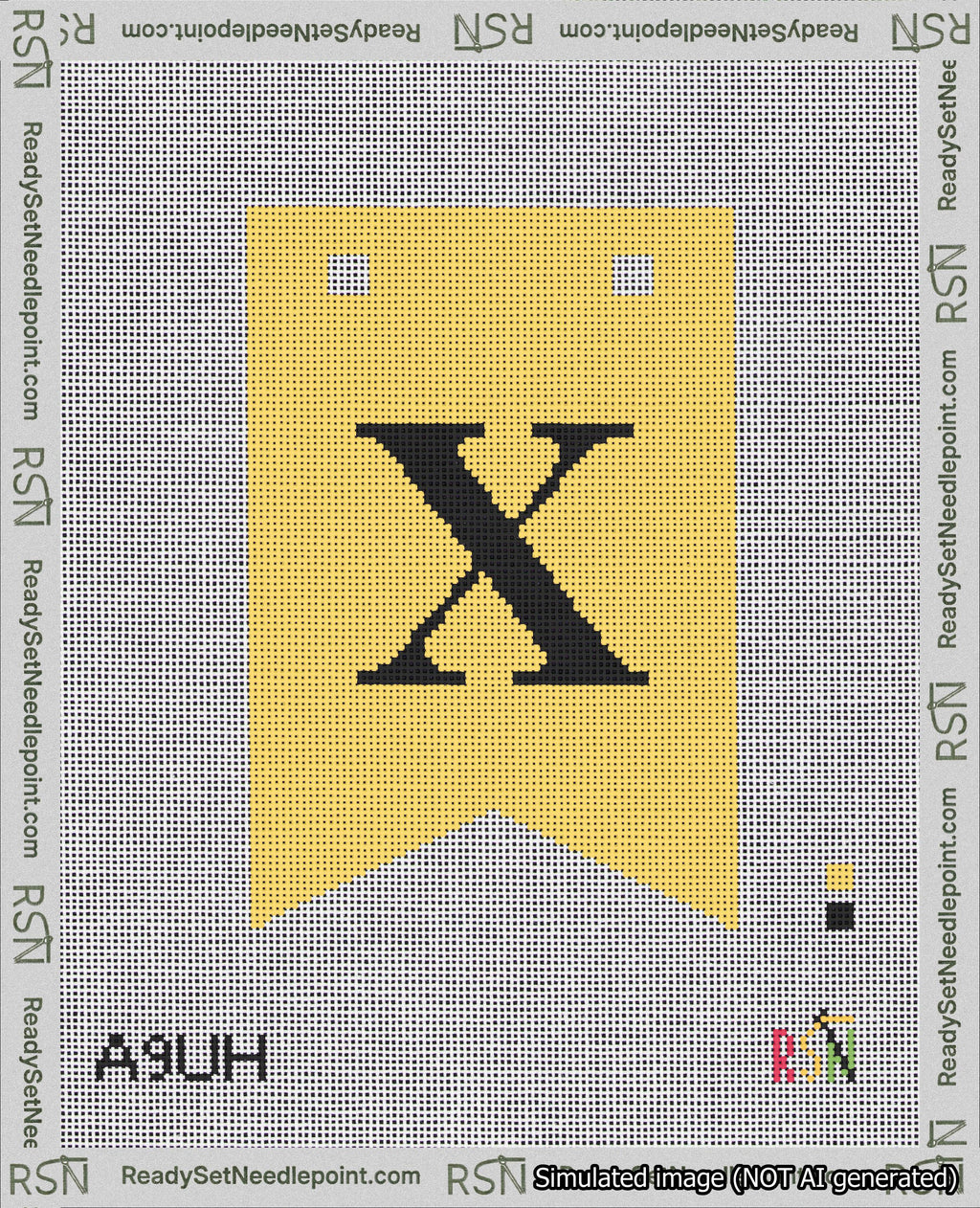 A taped needlepoint canvas with the design: Banner 18 mesh count Forked X Black on Yellow.