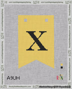 A taped needlepoint canvas with the design: Banner 18 mesh count Forked X Black on Yellow.
