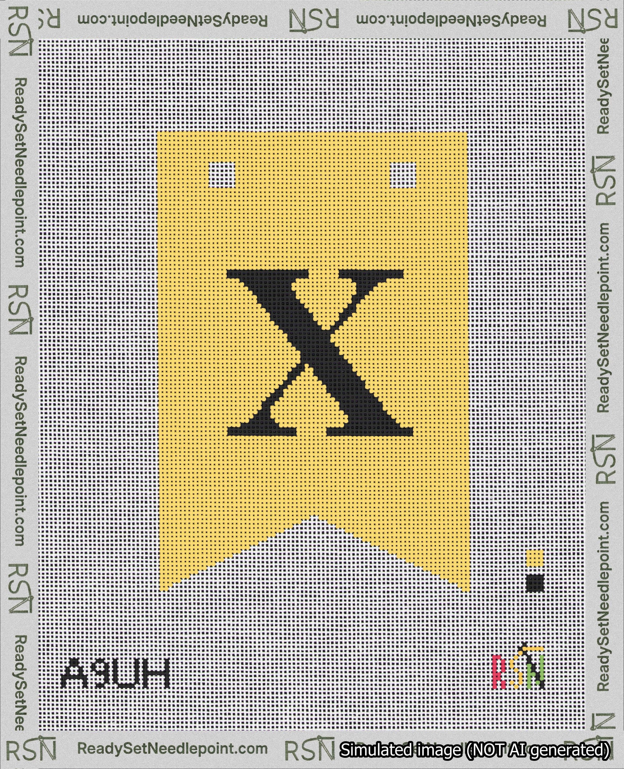 A taped needlepoint canvas with the design: Banner 18 mesh count Forked X Black on Yellow.