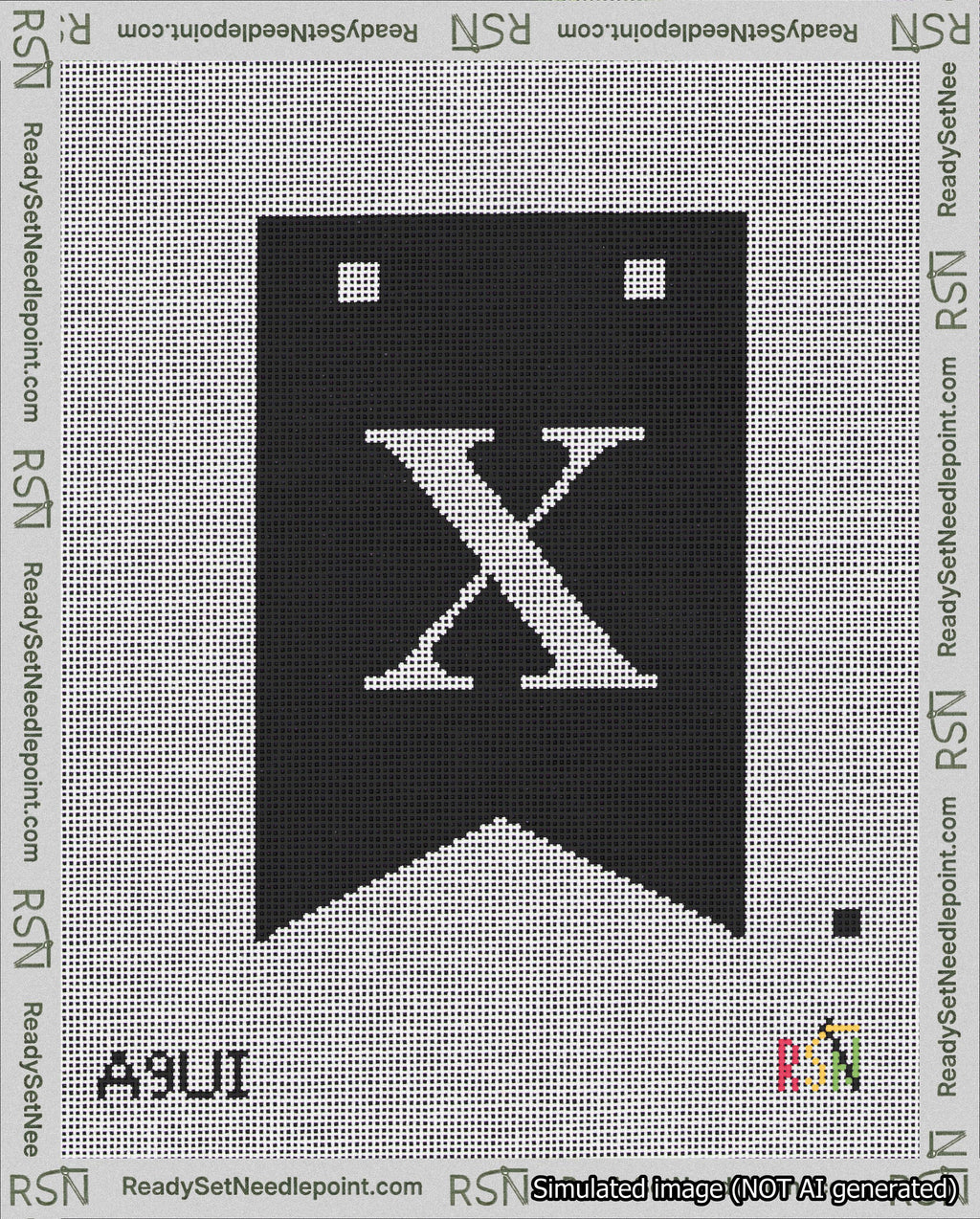 A taped needlepoint canvas with the design: Banner 18 mesh count Forked X White on Black.