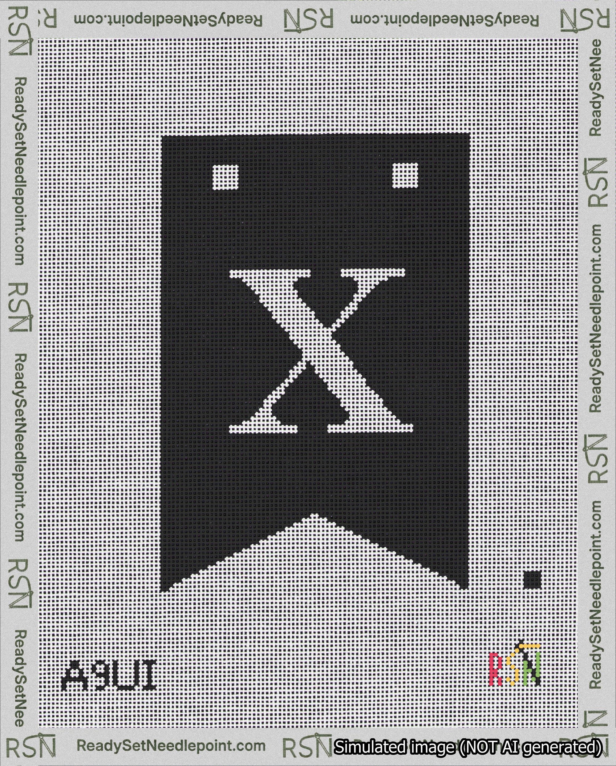 A taped needlepoint canvas with the design: Banner 18 mesh count Forked X White on Black.