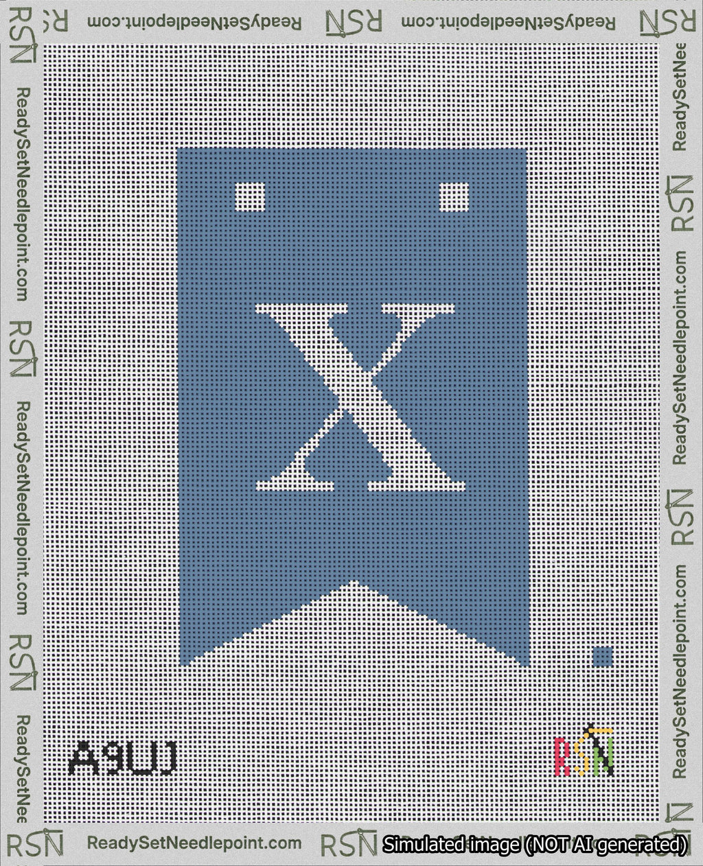 A taped needlepoint canvas with the design: Banner 18 mesh count Forked X White on Blue.