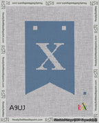 A taped needlepoint canvas with the design: Banner 18 mesh count Forked X White on Blue.