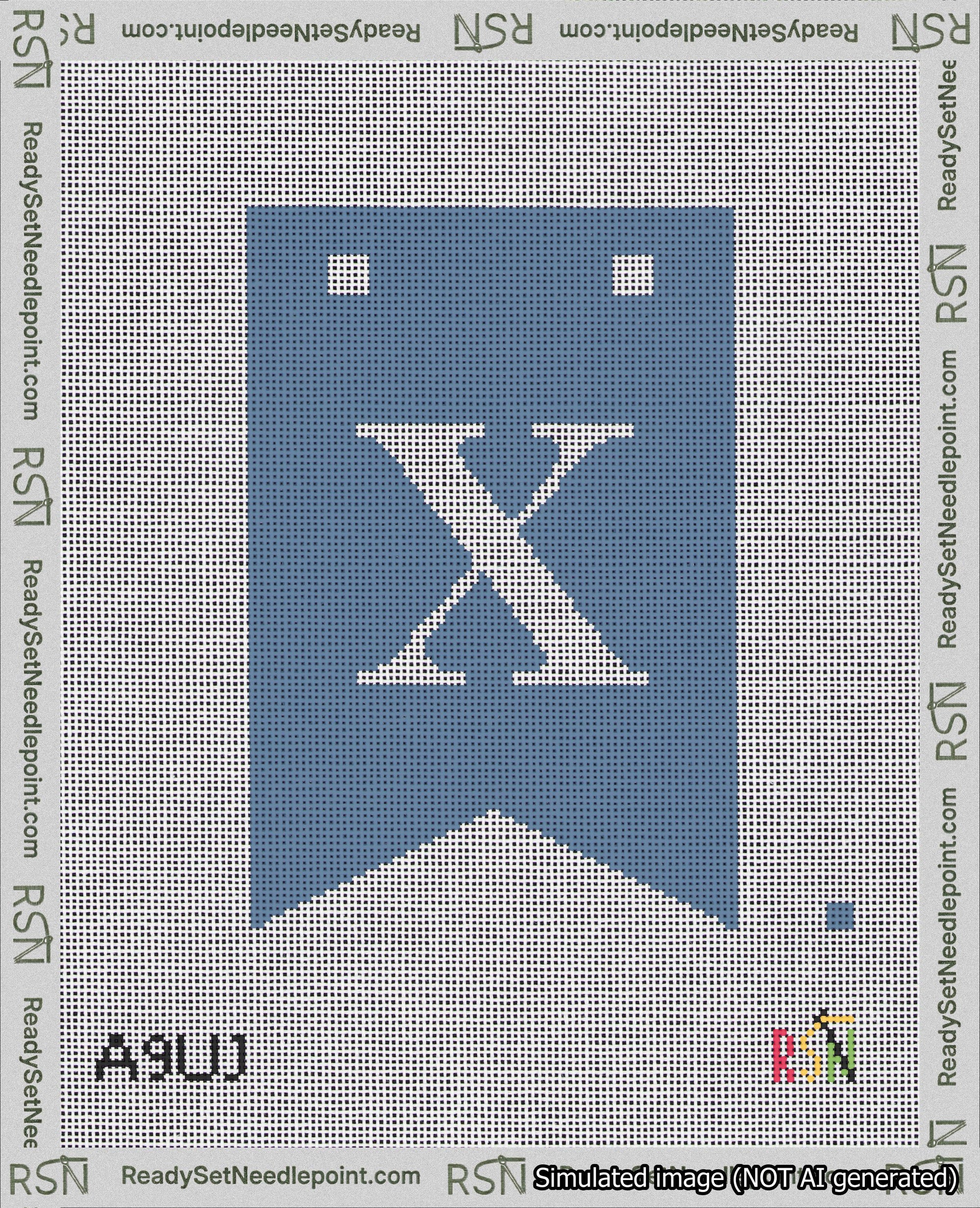 A taped needlepoint canvas with the design: Banner 18 mesh count Forked X White on Blue.
